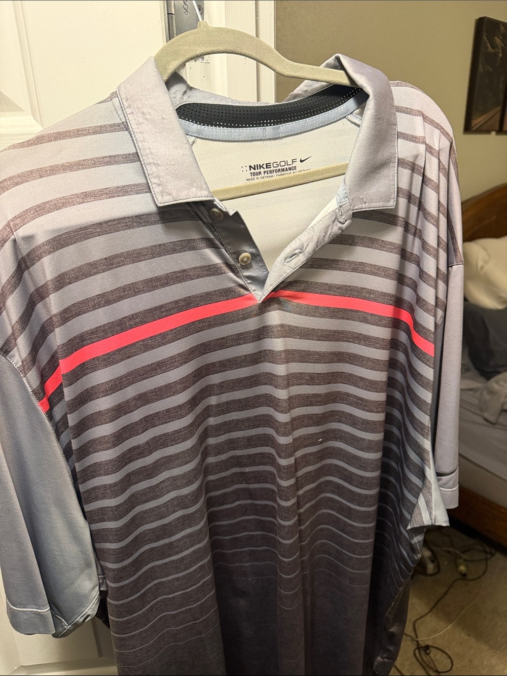 Nike Men's Gray Striped Polo with Coral Red Stripe